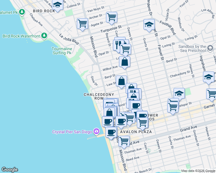 map of restaurants, bars, coffee shops, grocery stores, and more near 819 Law Street in San Diego