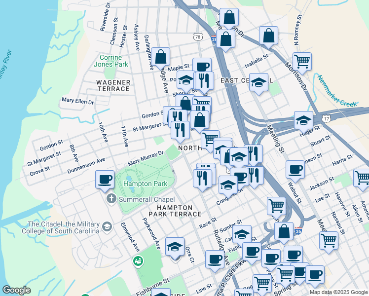 map of restaurants, bars, coffee shops, grocery stores, and more near 706 Rutledge Avenue in Charleston