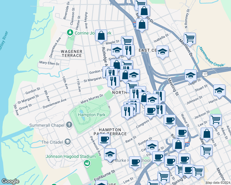map of restaurants, bars, coffee shops, grocery stores, and more near 706 Rutledge Avenue in Charleston