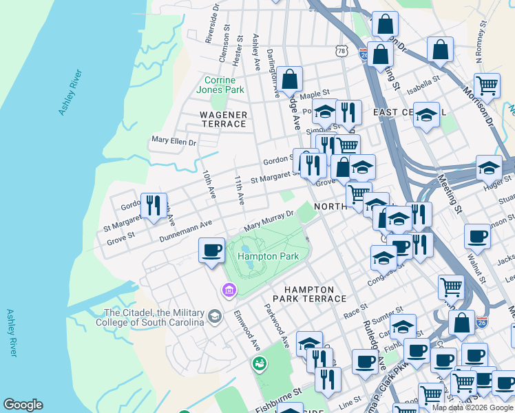 map of restaurants, bars, coffee shops, grocery stores, and more near 30 Dunnemann Avenue in Charleston