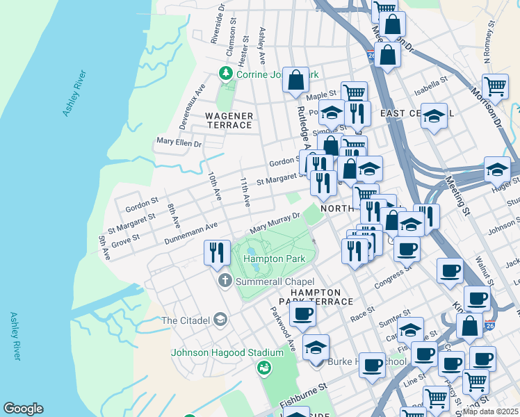 map of restaurants, bars, coffee shops, grocery stores, and more near 30 Dunnemann Avenue in Charleston