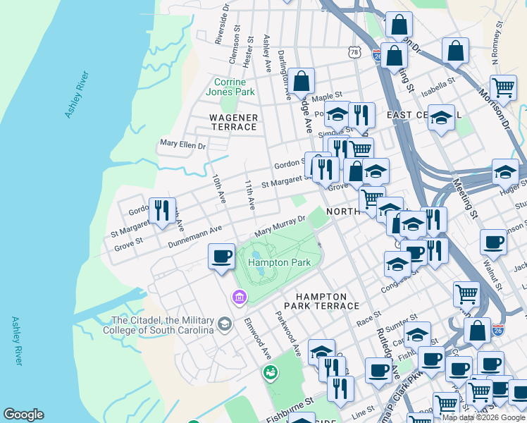 map of restaurants, bars, coffee shops, grocery stores, and more near 30 Dunnemann Avenue in Charleston