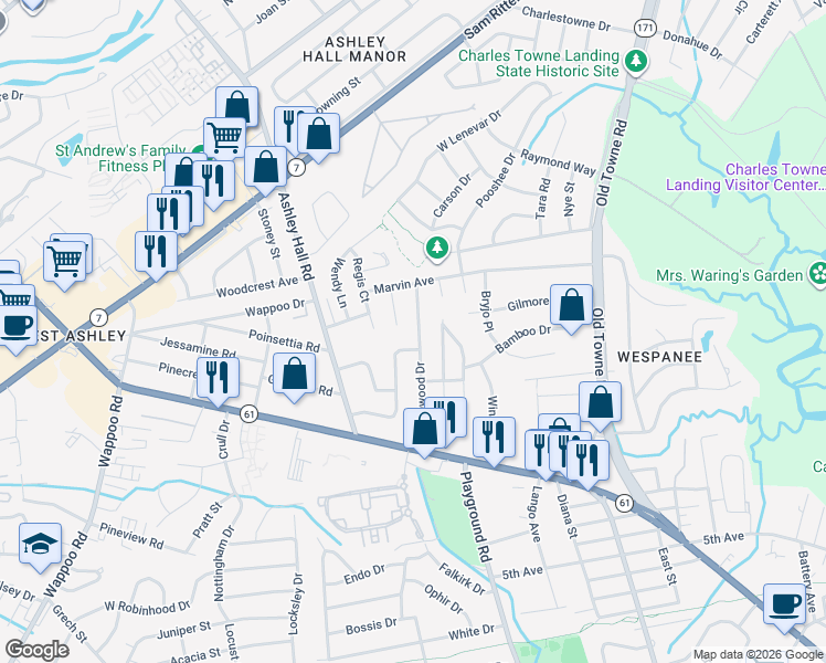 map of restaurants, bars, coffee shops, grocery stores, and more near 33 Heathwood Drive in Charleston