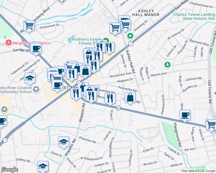 map of restaurants, bars, coffee shops, grocery stores, and more near 1633 Poinsettia Road in Charleston