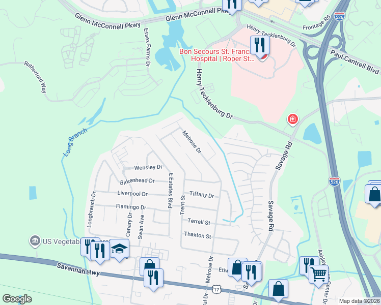 map of restaurants, bars, coffee shops, grocery stores, and more near 903 Melrose Drive in Charleston