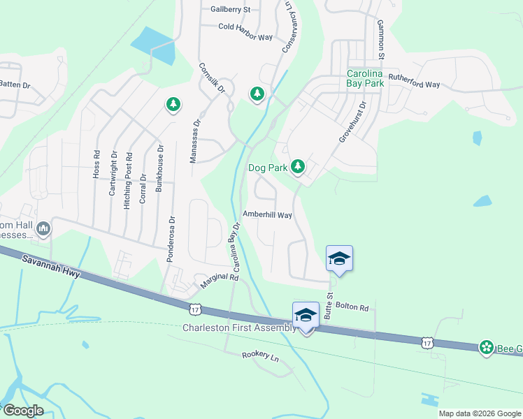 map of restaurants, bars, coffee shops, grocery stores, and more near 2932 Amberhill Way in Charleston
