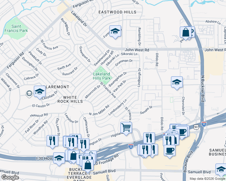 map of restaurants, bars, coffee shops, grocery stores, and more near 8508 Van Pelt Drive in Dallas
