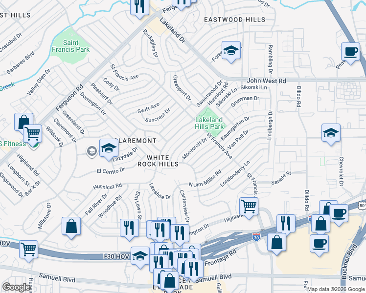 map of restaurants, bars, coffee shops, grocery stores, and more near 8342 Bocowood Drive in Dallas