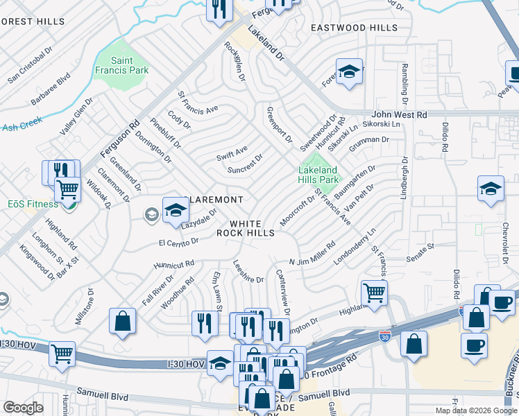 map of restaurants, bars, coffee shops, grocery stores, and more near 8334 Hunnicut Rd in Dallas