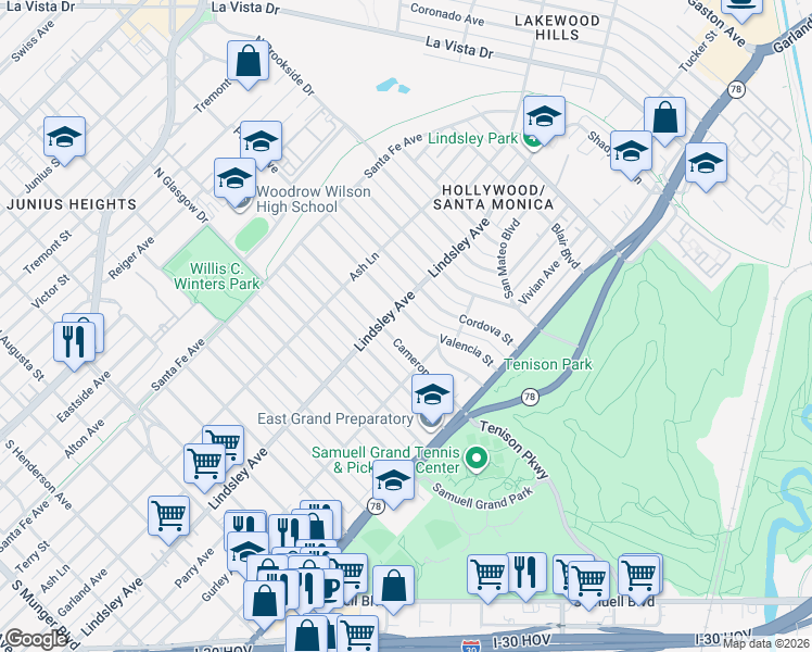 map of restaurants, bars, coffee shops, grocery stores, and more near 810 Cameron Avenue in Dallas