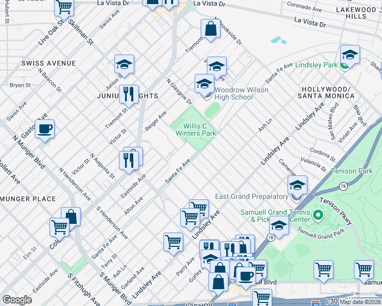 map of restaurants, bars, coffee shops, grocery stores, and more near 5819 Santa Fe Avenue in Dallas