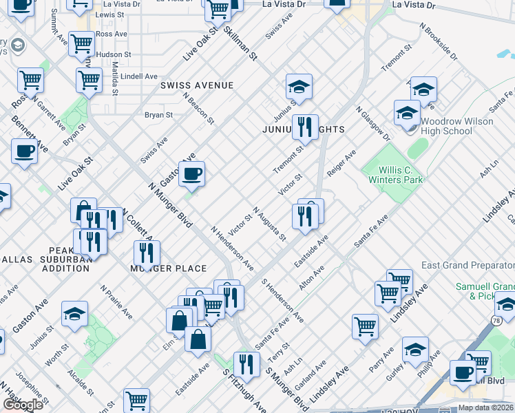 map of restaurants, bars, coffee shops, grocery stores, and more near 5516 Victor Street in Dallas