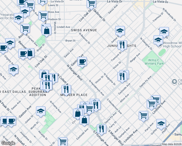 map of restaurants, bars, coffee shops, grocery stores, and more near 5327 Tremont Street in Dallas