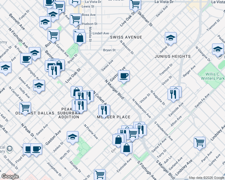 map of restaurants, bars, coffee shops, grocery stores, and more near 5114 Junius Street in Dallas
