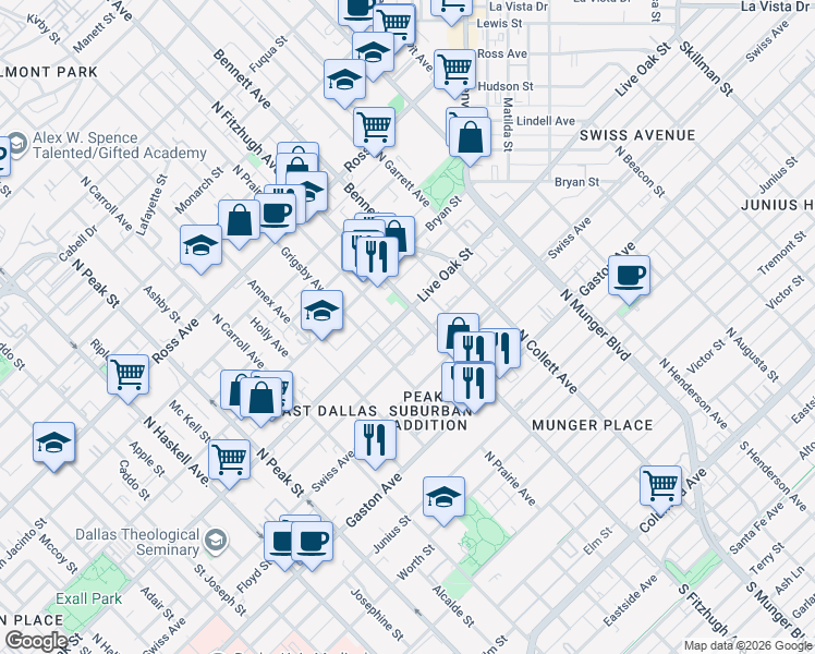 map of restaurants, bars, coffee shops, grocery stores, and more near 4760 Asher Place in Dallas