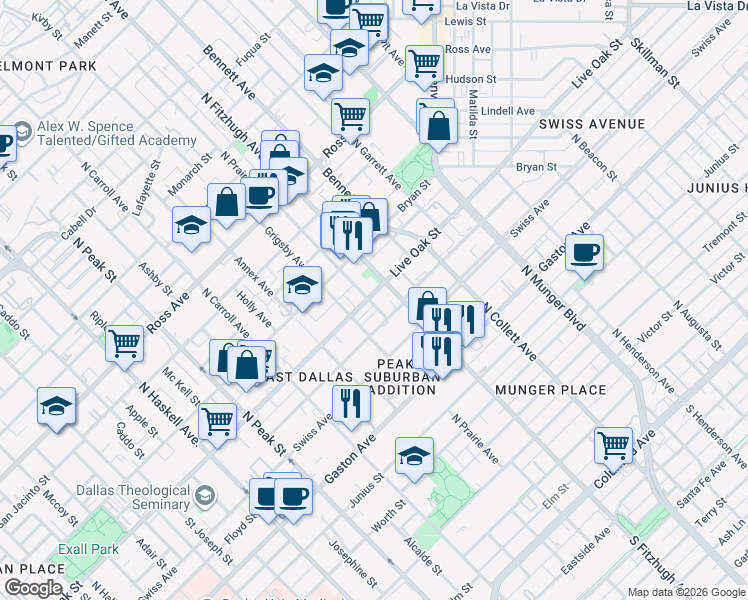 map of restaurants, bars, coffee shops, grocery stores, and more near 4760 Asher Place in Dallas