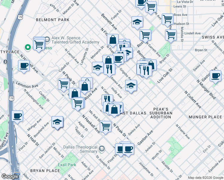 map of restaurants, bars, coffee shops, grocery stores, and more near 1519 Holly Avenue in Dallas