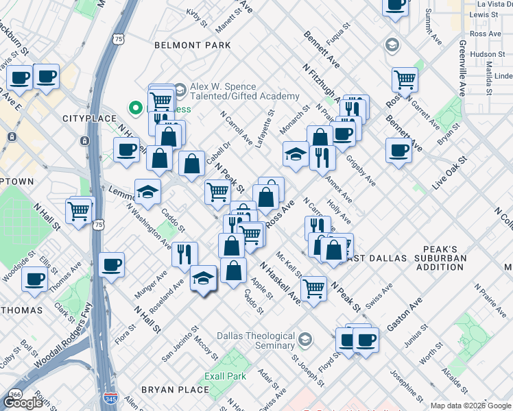 map of restaurants, bars, coffee shops, grocery stores, and more near 4234 Roseland Avenue in Dallas