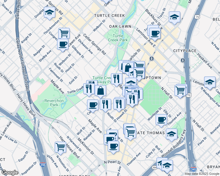 map of restaurants, bars, coffee shops, grocery stores, and more near 2900 Carlisle Street in Dallas