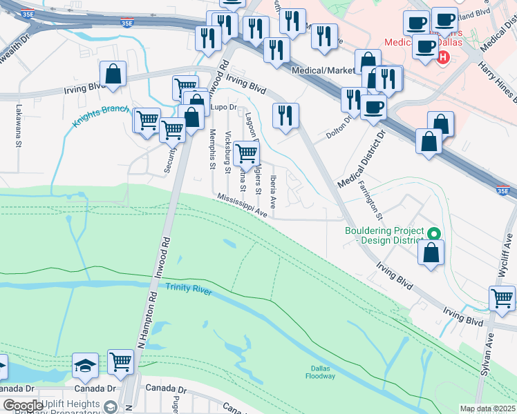 map of restaurants, bars, coffee shops, grocery stores, and more near 1176 Mississippi Avenue in Dallas