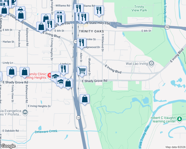 map of restaurants, bars, coffee shops, grocery stores, and more near 1917 East Shady Grove Road in Irving