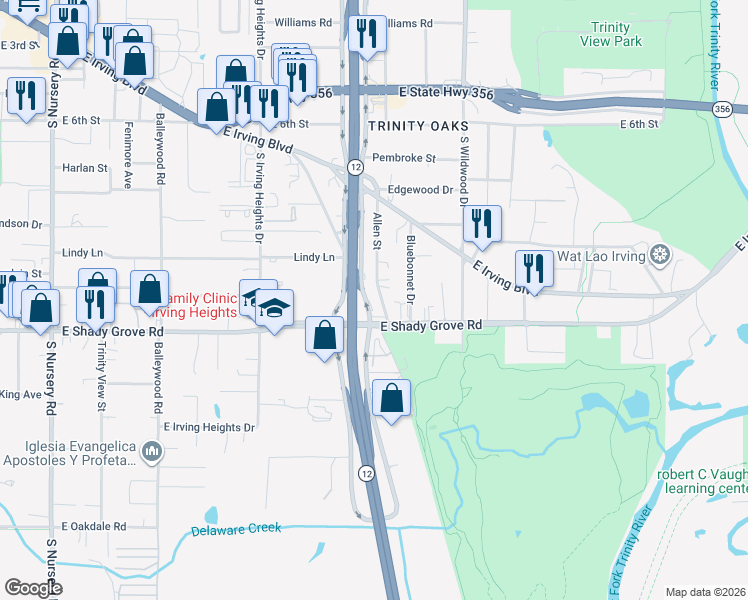 map of restaurants, bars, coffee shops, grocery stores, and more near 1120 South Loop 12 in Dallas