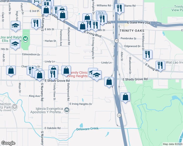 map of restaurants, bars, coffee shops, grocery stores, and more near 1118 South Irving Heights Drive in Irving