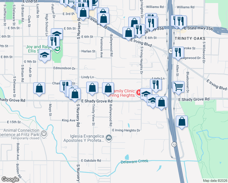 map of restaurants, bars, coffee shops, grocery stores, and more near 1113 Balleywood Road in Irving