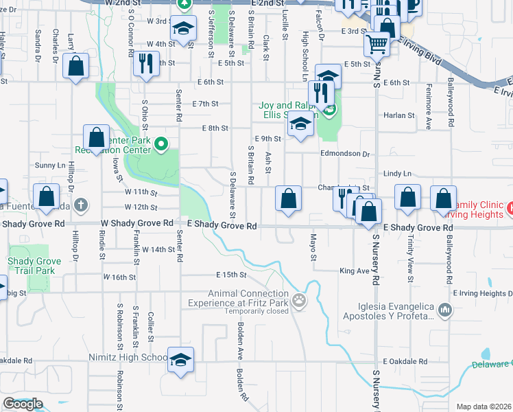 map of restaurants, bars, coffee shops, grocery stores, and more near 1221 South Britain Road in Irving