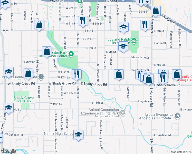 map of restaurants, bars, coffee shops, grocery stores, and more near 1204 South Delaware Street in Irving
