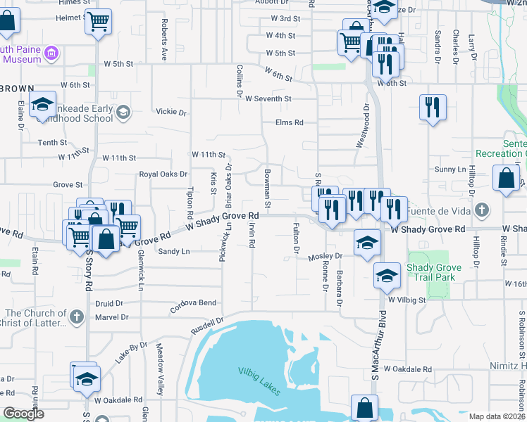 map of restaurants, bars, coffee shops, grocery stores, and more near in Irving