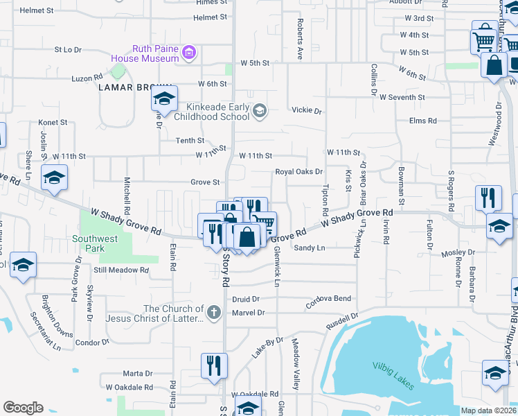 map of restaurants, bars, coffee shops, grocery stores, and more near 2214 Greenbrier Drive in Irving
