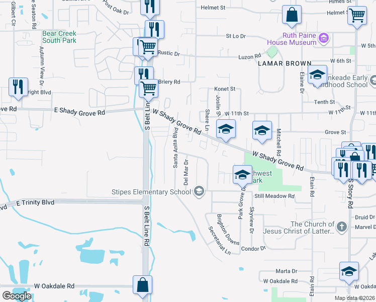 map of restaurants, bars, coffee shops, grocery stores, and more near 42 Preakness Drive in Irving