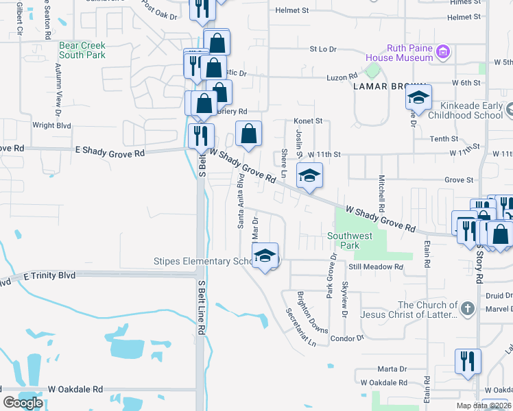 map of restaurants, bars, coffee shops, grocery stores, and more near 42 Preakness Drive in Irving