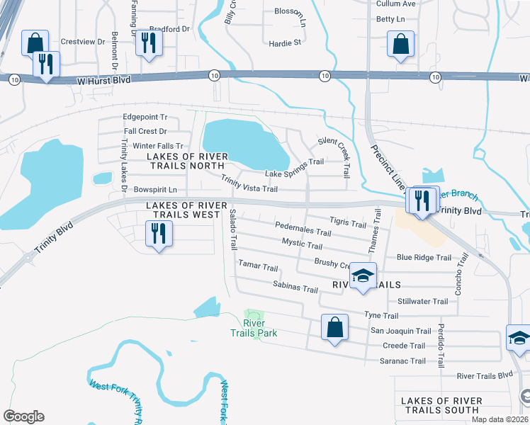 map of restaurants, bars, coffee shops, grocery stores, and more near 2909 San Gabriel Court in Fort Worth