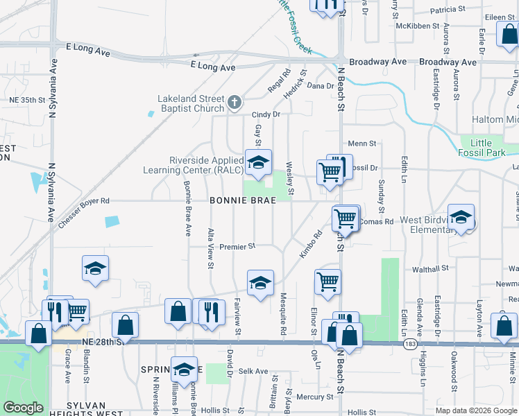 map of restaurants, bars, coffee shops, grocery stores, and more near 3133 Lakeland Street in Fort Worth