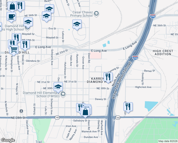 map of restaurants, bars, coffee shops, grocery stores, and more near 3205 Deen Road in Fort Worth