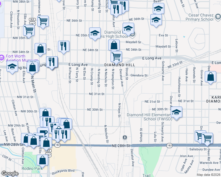 map of restaurants, bars, coffee shops, grocery stores, and more near 3208 North Hampton Street in Fort Worth