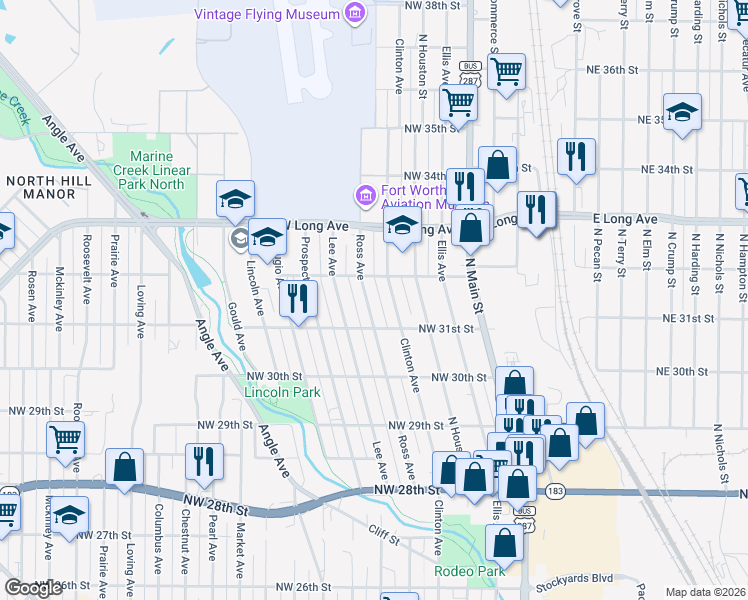 map of restaurants, bars, coffee shops, grocery stores, and more near 3113 Ross Avenue in Fort Worth