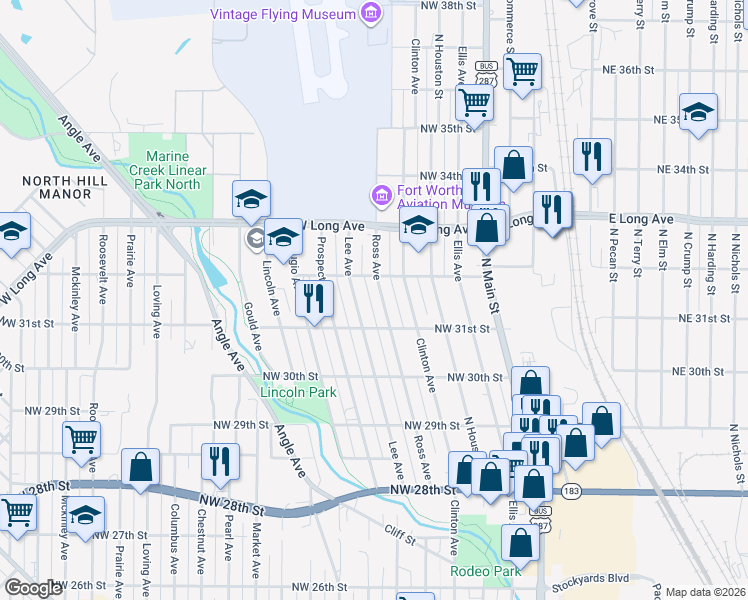 map of restaurants, bars, coffee shops, grocery stores, and more near 3113 Ross Avenue in Fort Worth
