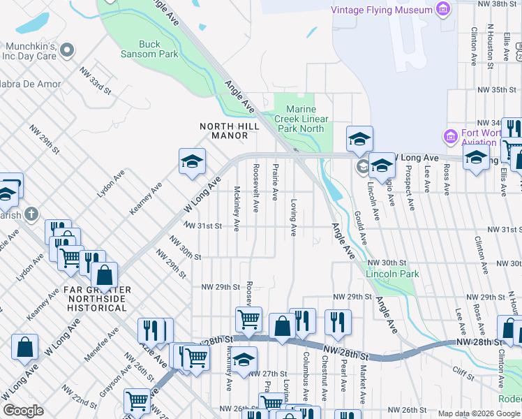 map of restaurants, bars, coffee shops, grocery stores, and more near 3111 Roosevelt Avenue in Fort Worth