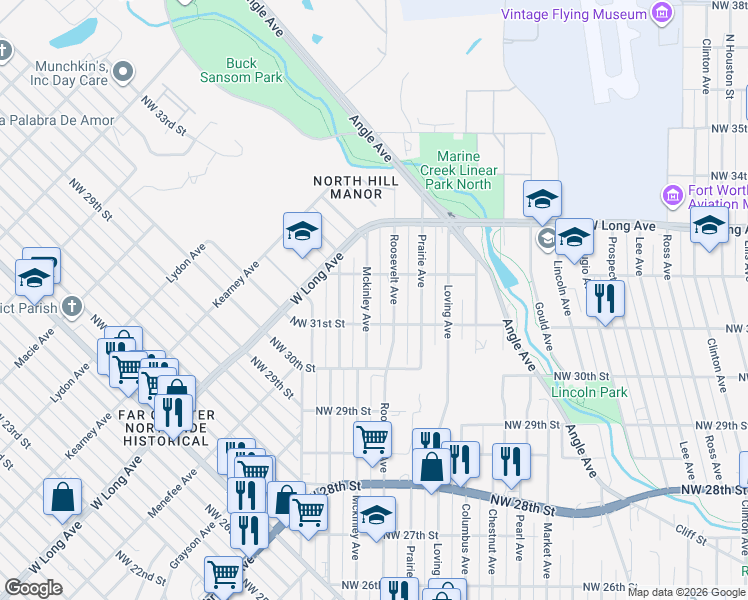 map of restaurants, bars, coffee shops, grocery stores, and more near 3109 Mckinley Avenue in Fort Worth