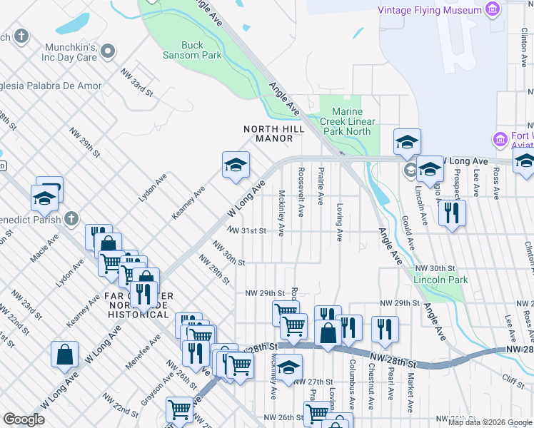 map of restaurants, bars, coffee shops, grocery stores, and more near 3109 Mckinley Avenue in Fort Worth