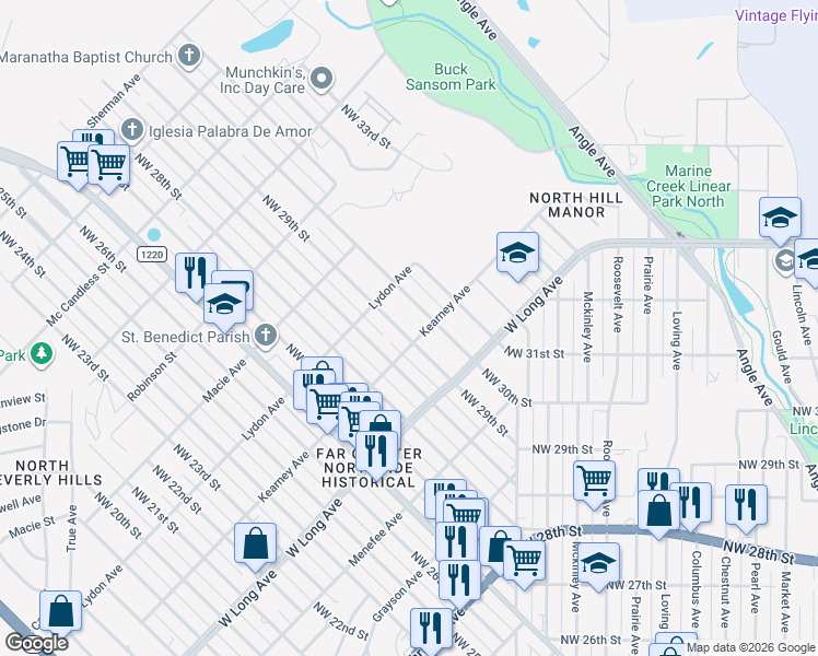 map of restaurants, bars, coffee shops, grocery stores, and more near 2723 Northwest 30th Street in Fort Worth
