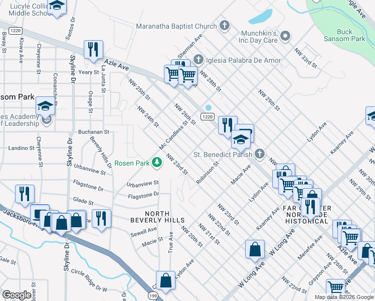 map of restaurants, bars, coffee shops, grocery stores, and more near 3124 Northwest 24th Street in Fort Worth