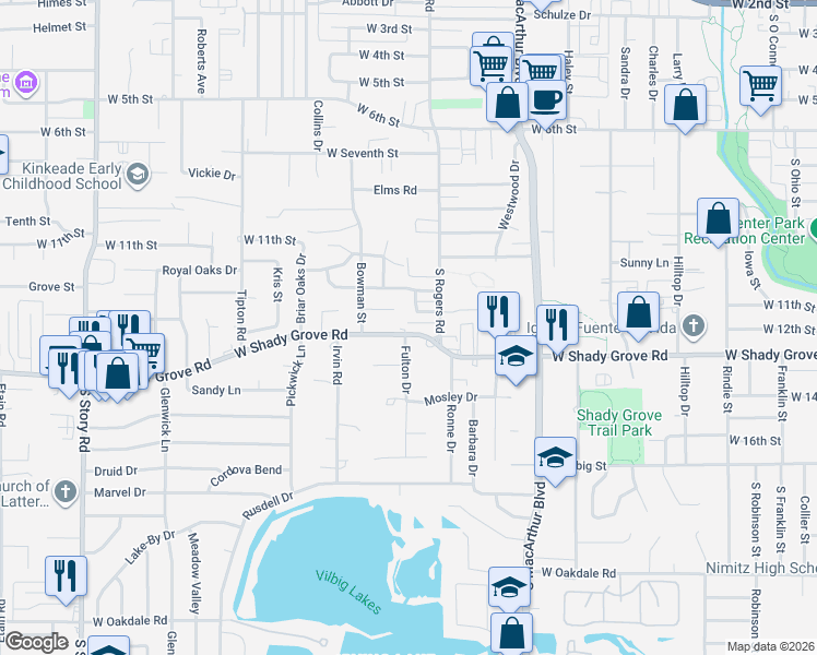 map of restaurants, bars, coffee shops, grocery stores, and more near 1523 West Shady Grove Road in Irving