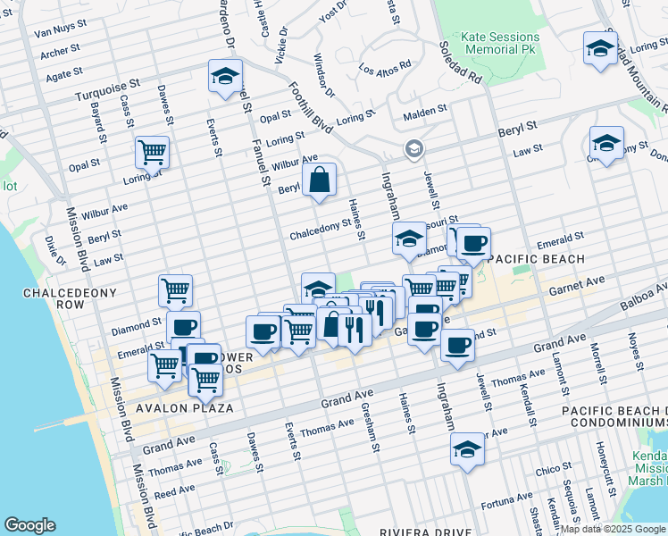 map of restaurants, bars, coffee shops, grocery stores, and more near 1362 Diamond Street in San Diego