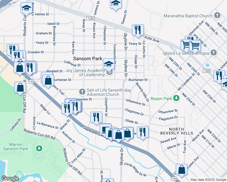 map of restaurants, bars, coffee shops, grocery stores, and more near 5215 Landino Street in Fort Worth