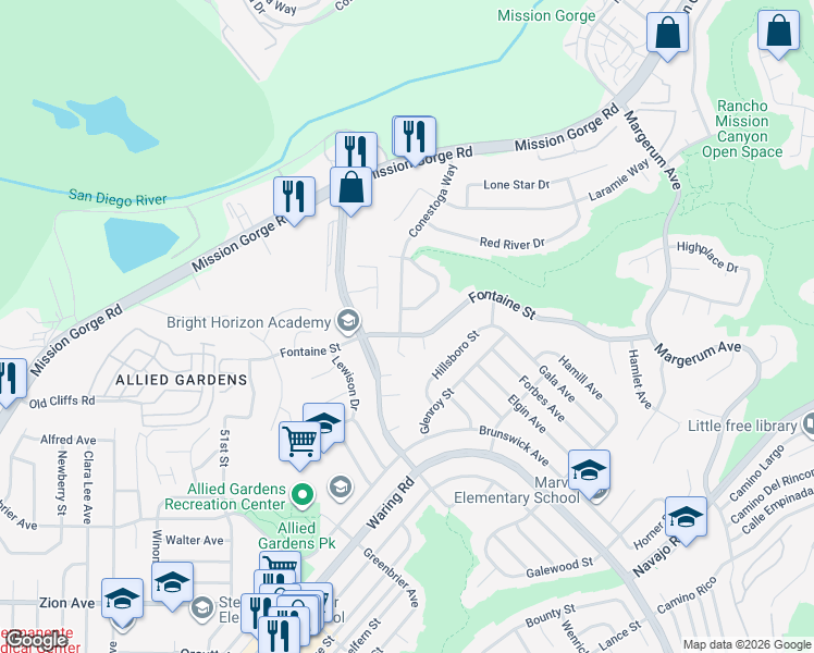 map of restaurants, bars, coffee shops, grocery stores, and more near 5404 Fontaine Street in San Diego