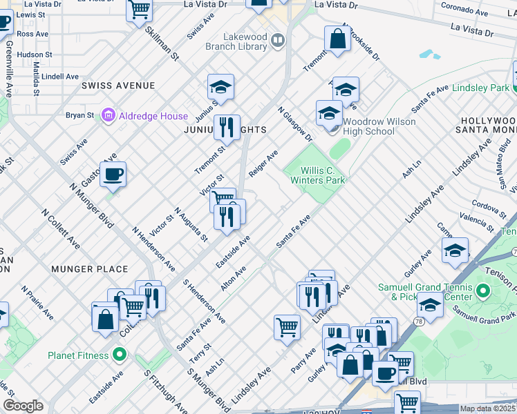 map of restaurants, bars, coffee shops, grocery stores, and more near 5644 Columbia Avenue in Dallas